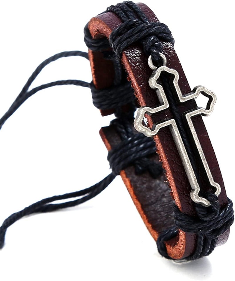 Fusamk Fashion Cross Tag Bangle Adjustable Leather Cuff Wristband Drawstring Rope Bracelet - Image 1